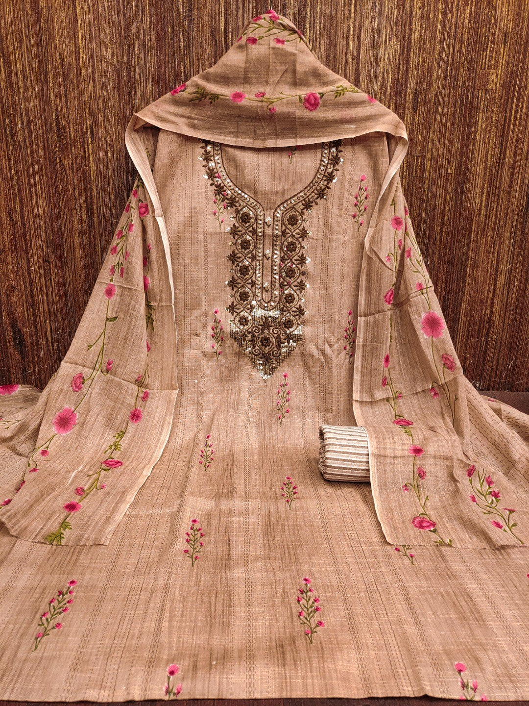Emerald Brown Floral Printed Cotton Blend Dress Material With Elegant Sequins Embroidery Work - Image 3