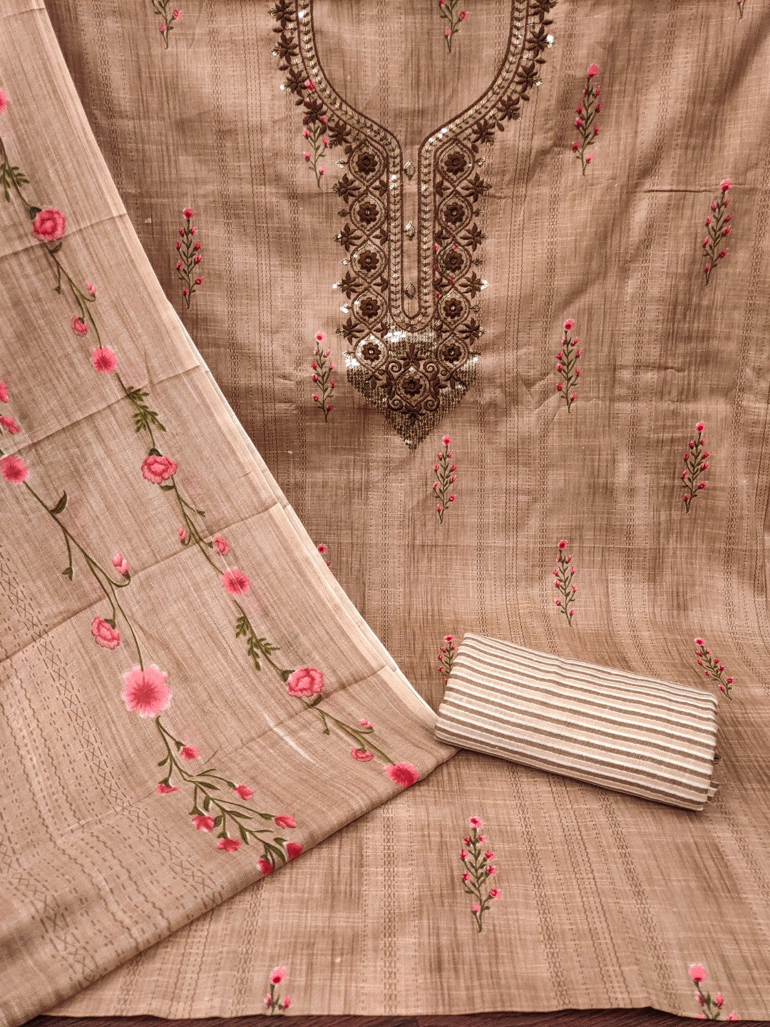 Emerald Brown Floral Printed Cotton Blend Dress Material With Elegant Sequins Embroidery Work - Image 5