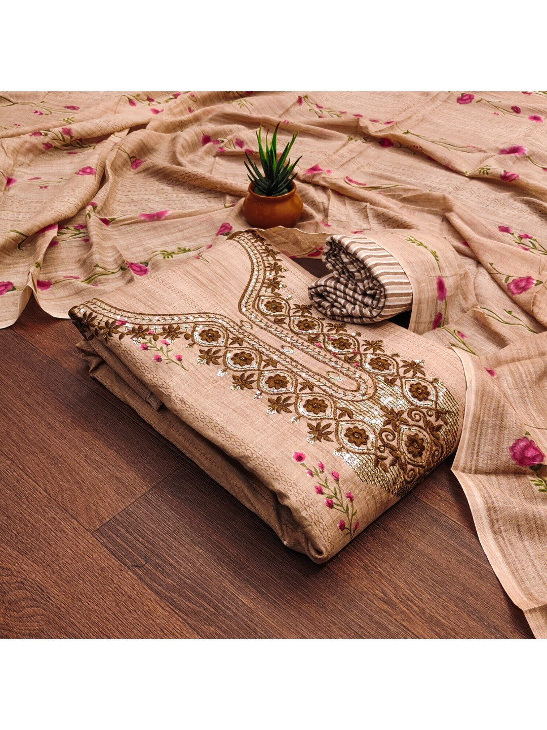Emerald Brown Floral Printed Cotton Blend Dress Material With Elegant Sequins Embroidery Work - Image 4