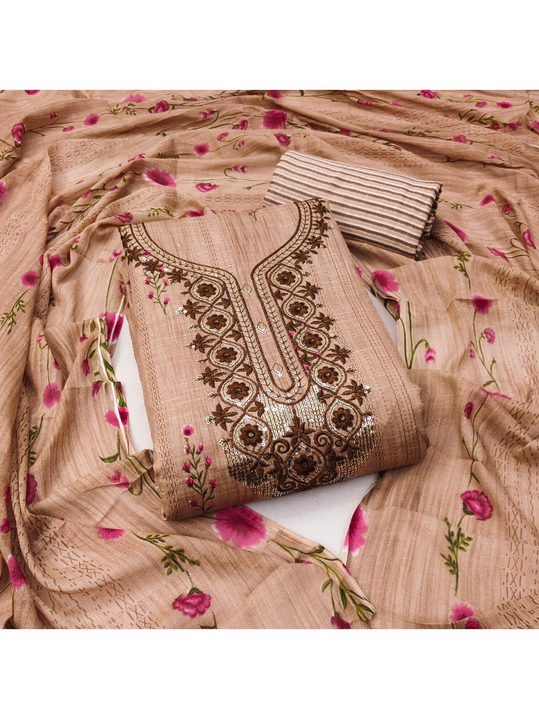 Emerald Brown Floral Printed Cotton Blend Dress Material With Elegant Sequins Embroidery Work - Image 1
