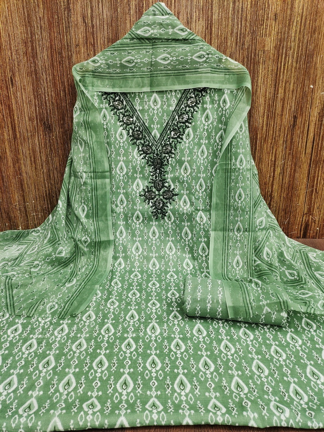 Classic Green Ikkat Printed Cotton Blend Dress Material With Elegant Sequins Embroidery Work On Neck - Image 3