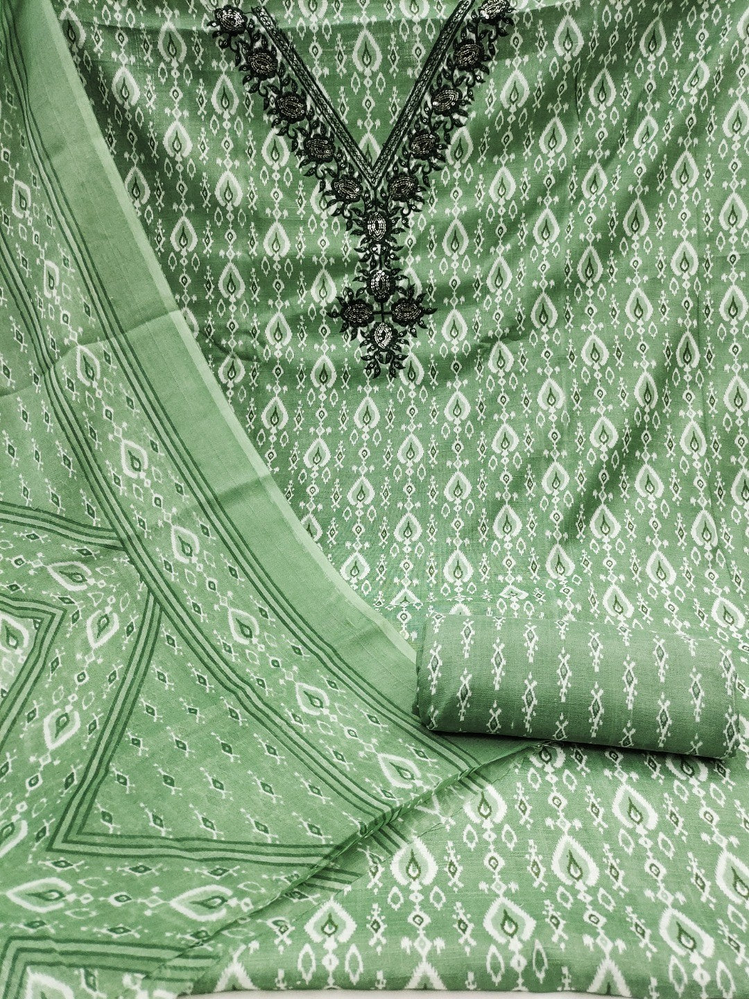 Classic Green Ikkat Printed Cotton Blend Dress Material With Elegant Sequins Embroidery Work On Neck - Image 2