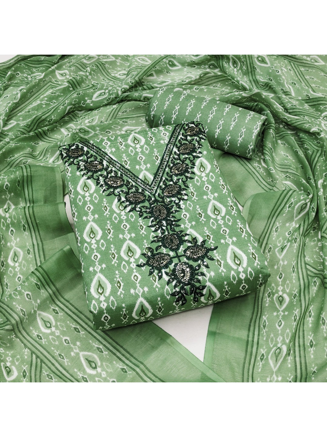 Classic Green Ikkat Printed Cotton Blend Dress Material With Elegant Sequins Embroidery Work On Neck - Image 4