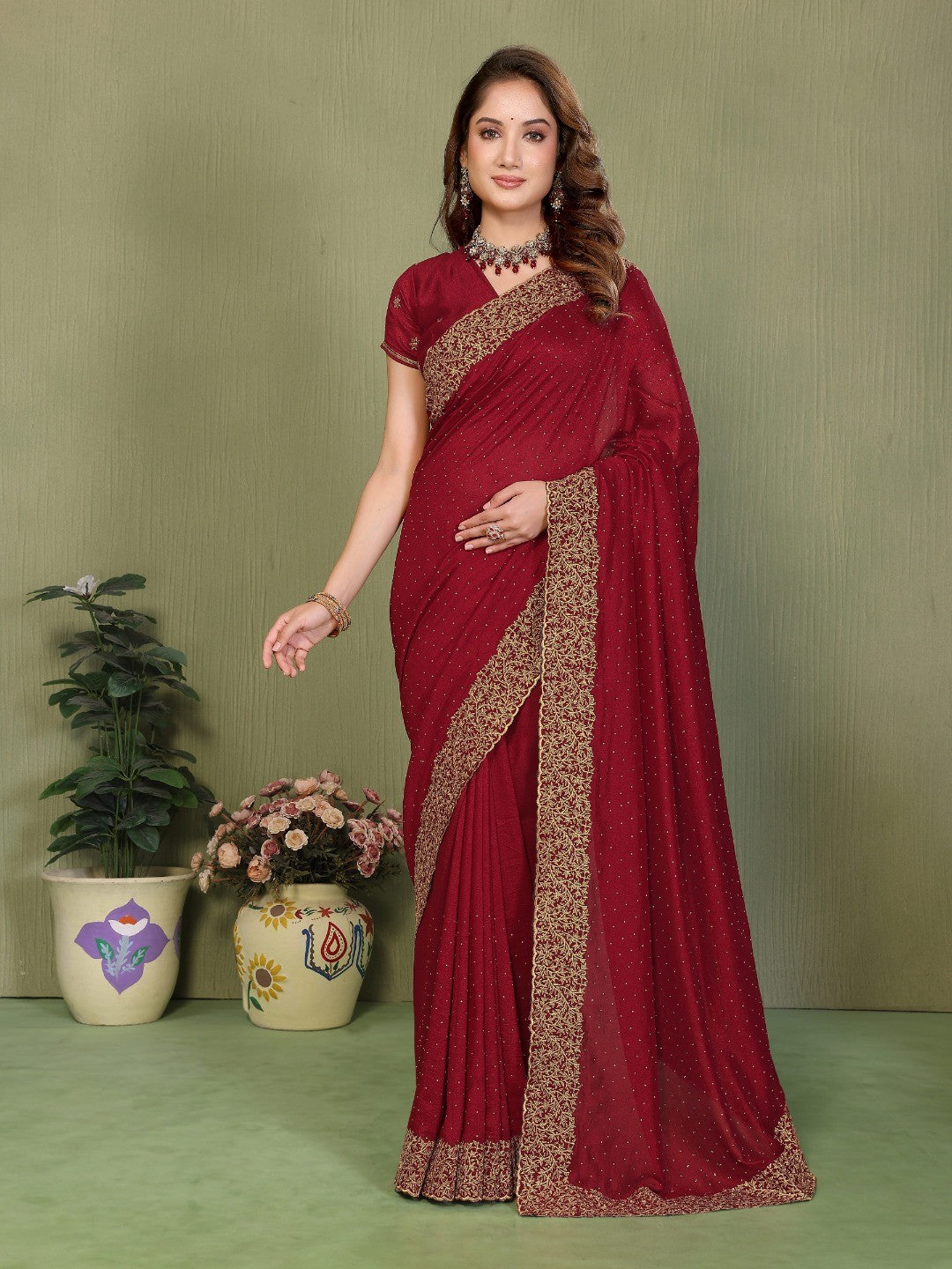 Maroon Vichitra Silk Saree with Stone Work Embellished Border - Image 1