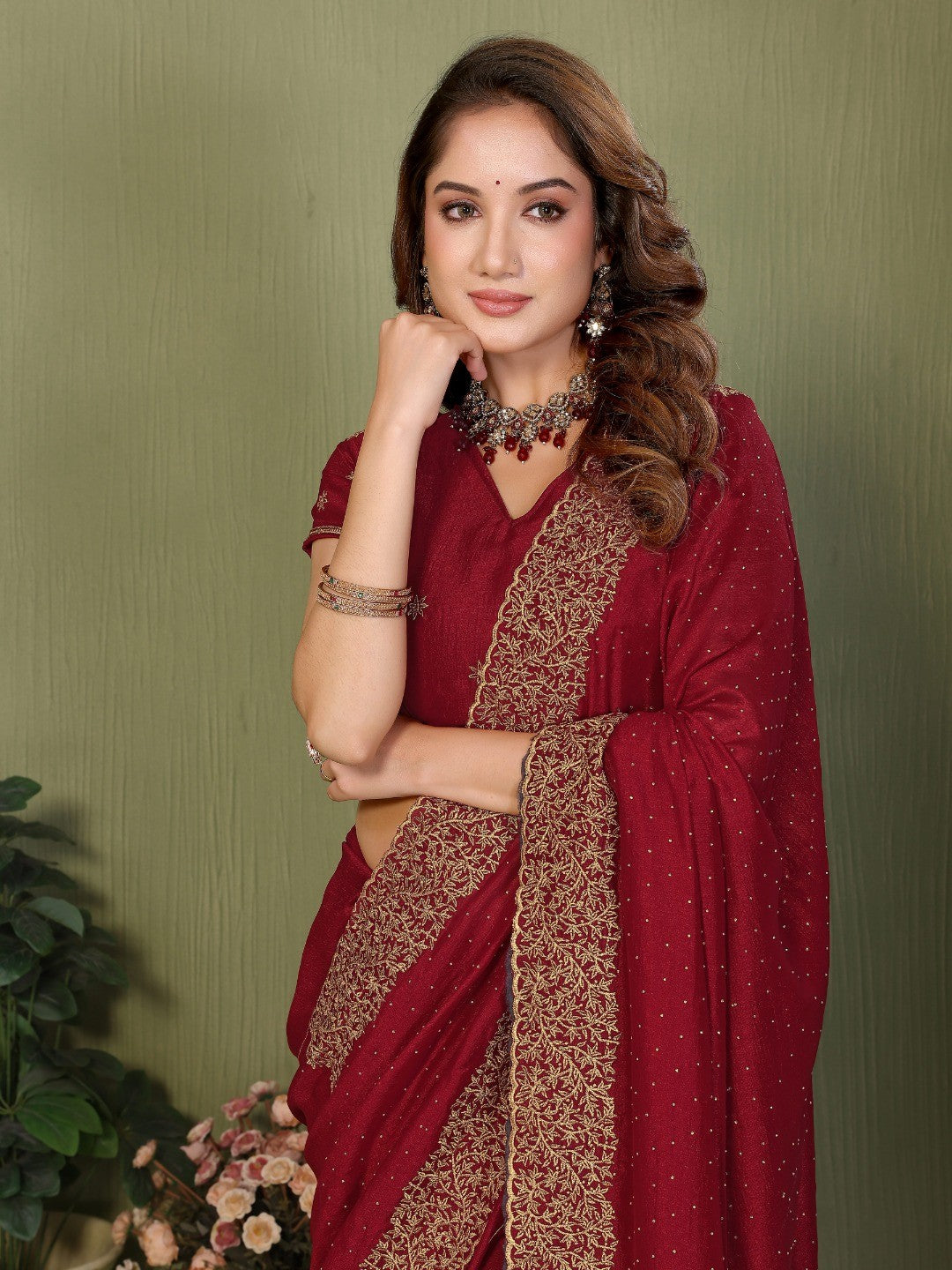 Maroon Vichitra Silk Saree with Stone Work Embellished Border - Image 2