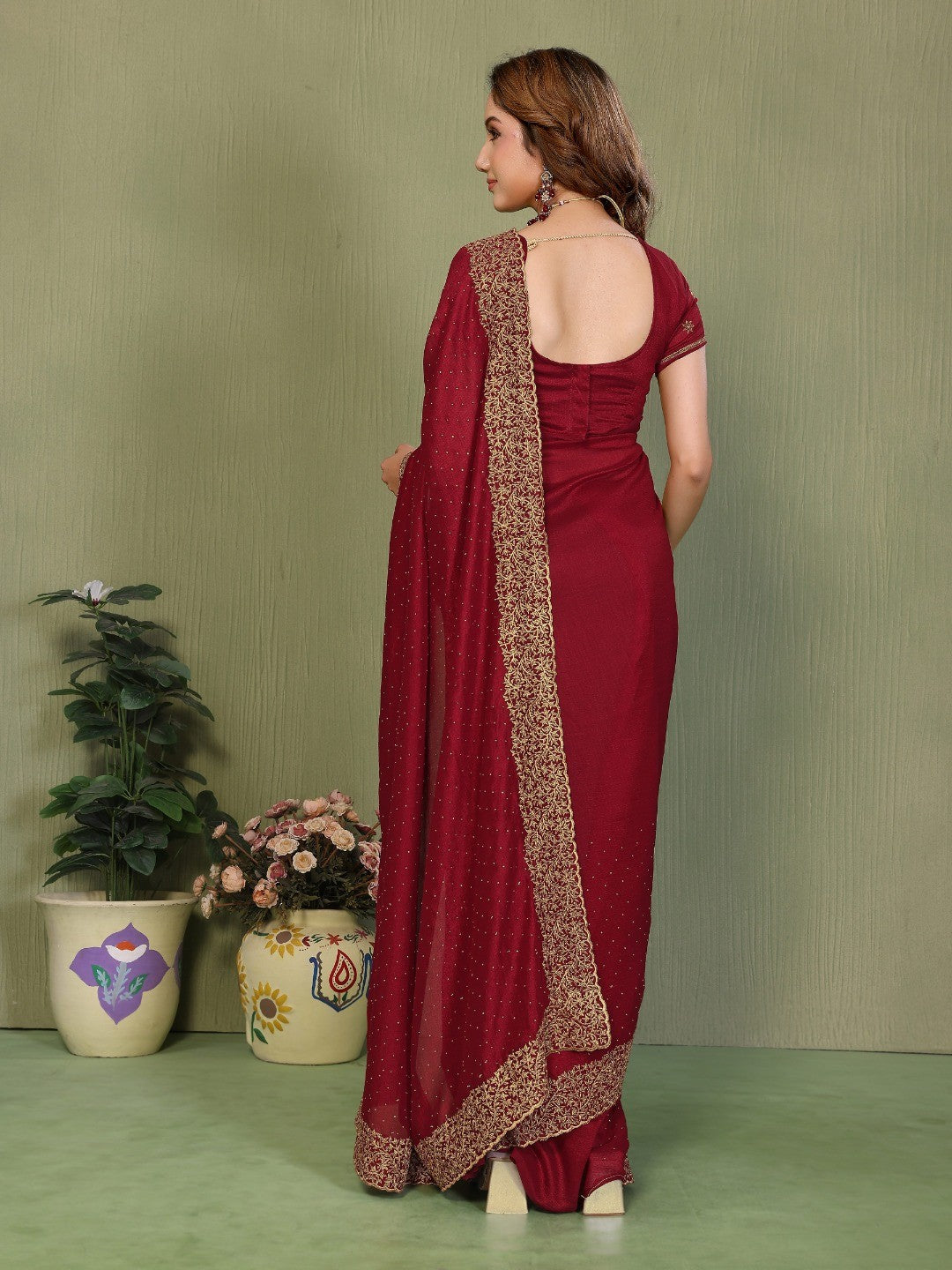 Maroon Vichitra Silk Saree with Stone Work Embellished Border - Image 3