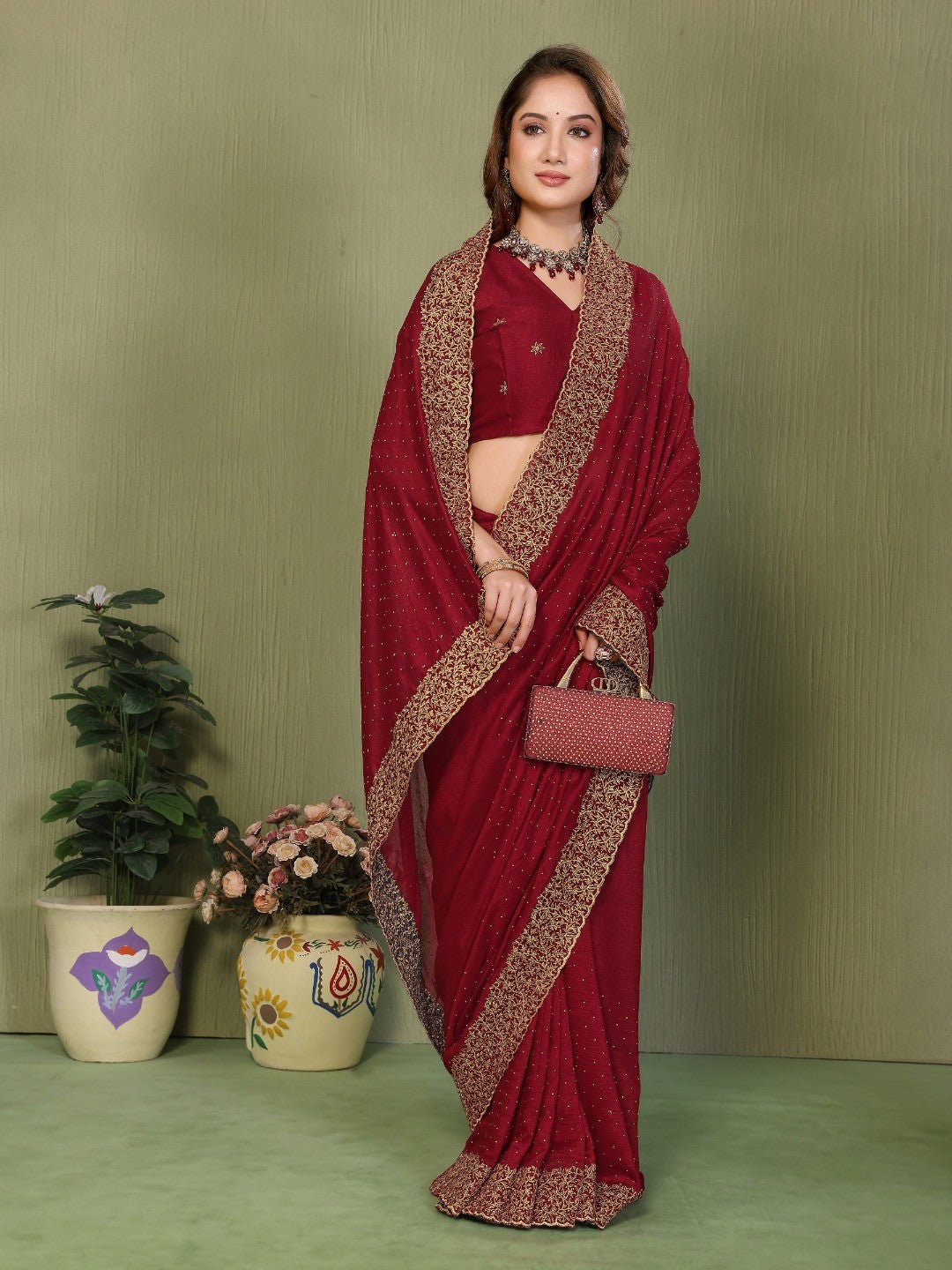 Maroon Vichitra Silk Saree with Stone Work Embellished Border - Image 3