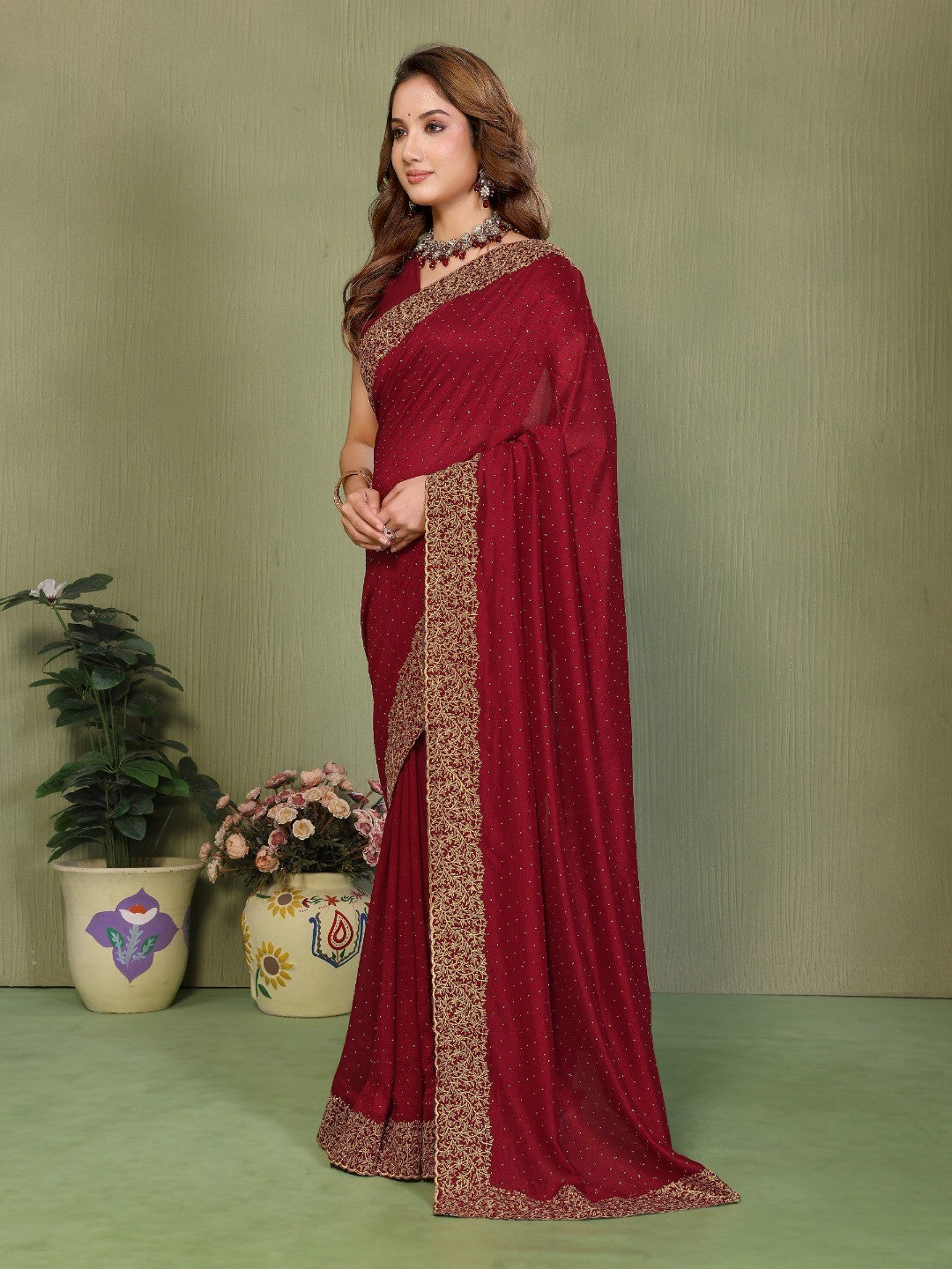 Maroon Vichitra Silk Saree with Stone Work Embellished Border - Image 2