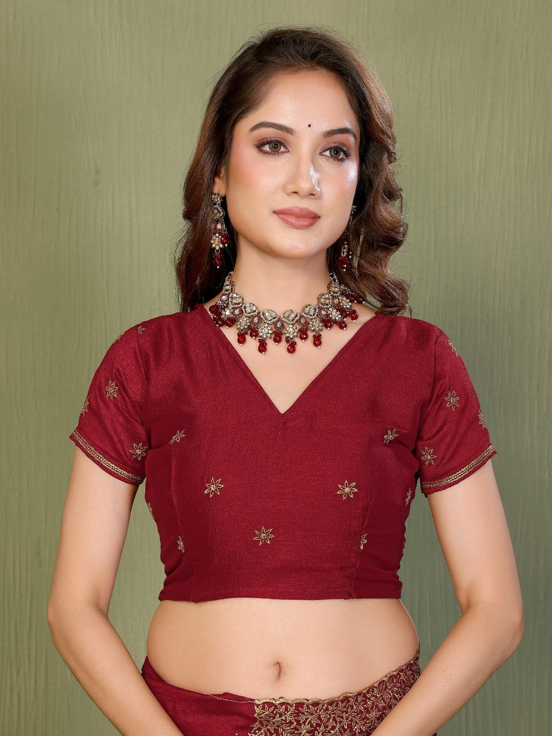 Maroon Vichitra Silk Saree with Stone Work Embellished Border - Image 6