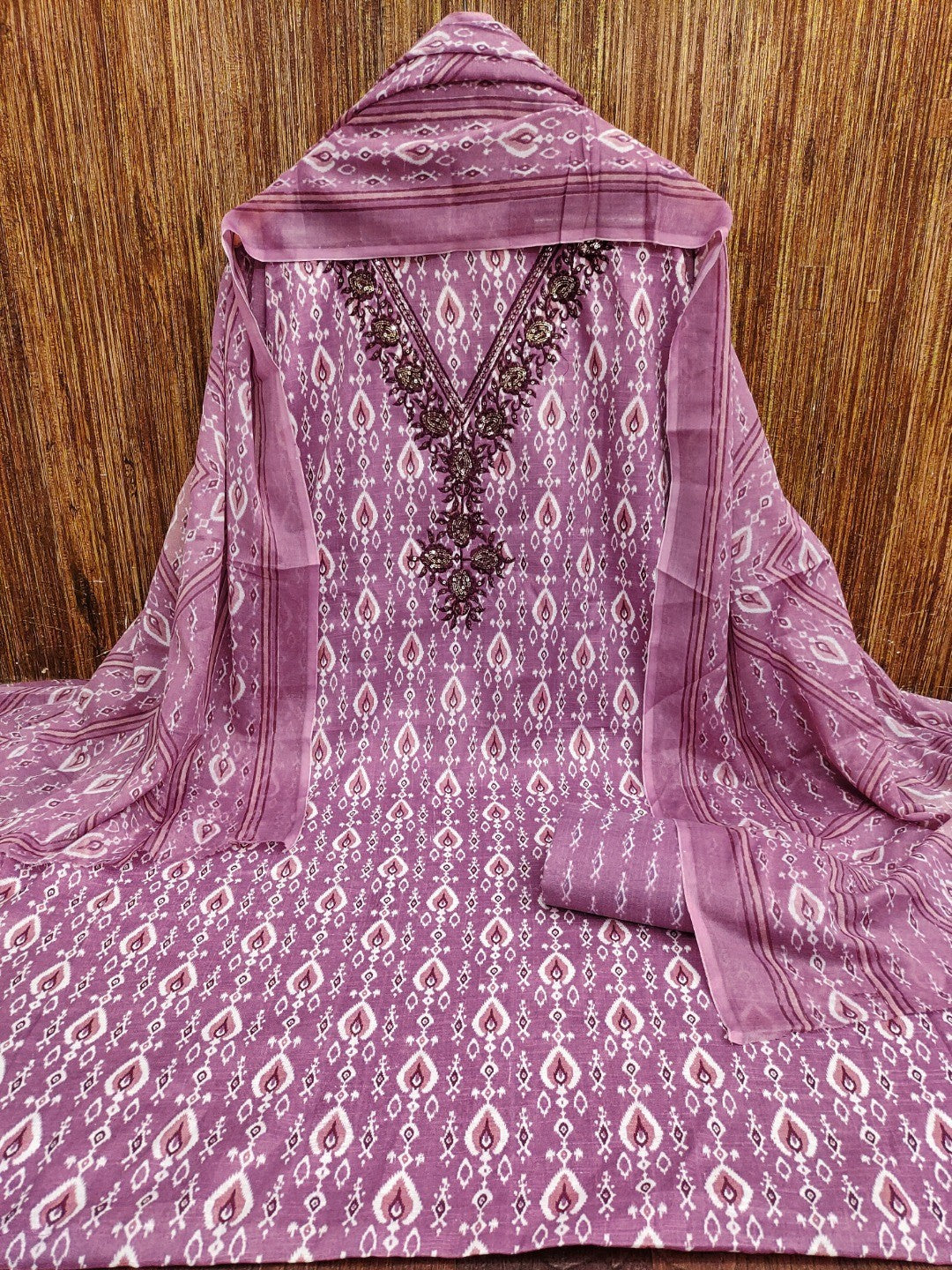 Classic Mauve Ikkat Printed Cotton Blend Dress Material With Elegant Sequins Embroidery Work On Neck - Image 3
