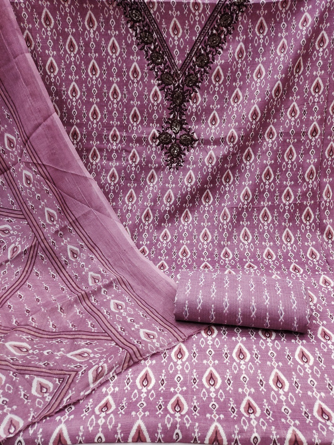 Classic Mauve Ikkat Printed Cotton Blend Dress Material With Elegant Sequins Embroidery Work On Neck - Image 4