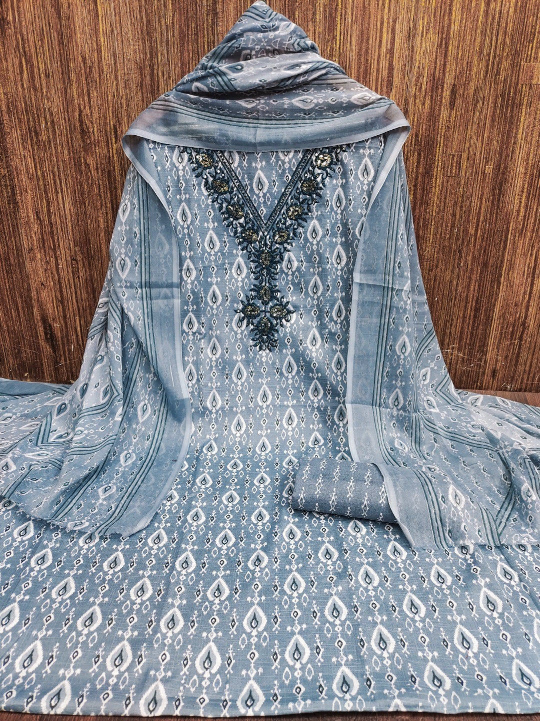 Classic Grey Ikkat Printed Cotton Blend Dress Material With Elegant Sequins Embroidery Work On Neck - Image 3