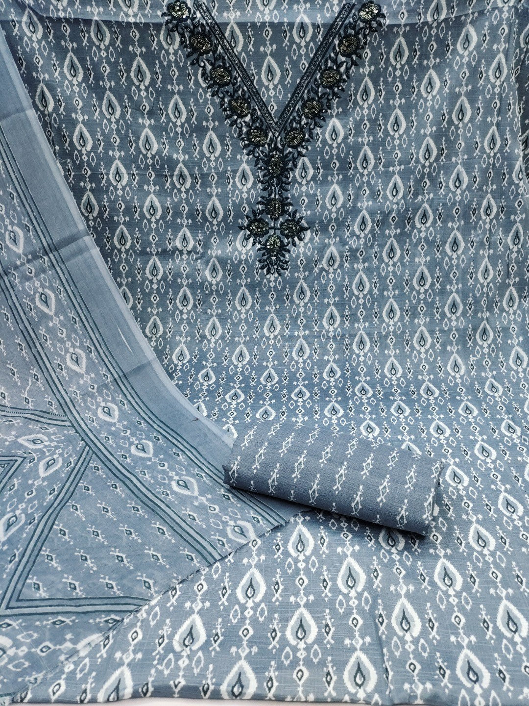 Classic Grey Ikkat Printed Cotton Blend Dress Material With Elegant Sequins Embroidery Work On Neck - Image 4