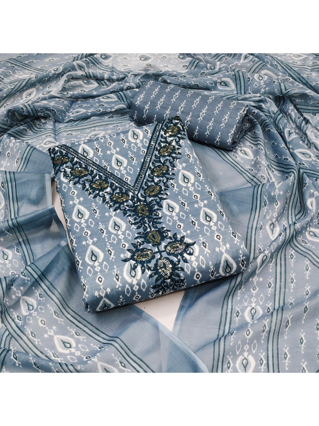 Classic Grey Ikkat Printed Cotton Blend Dress Material With Elegant Sequins Embroidery Work On Neck - Image 2
