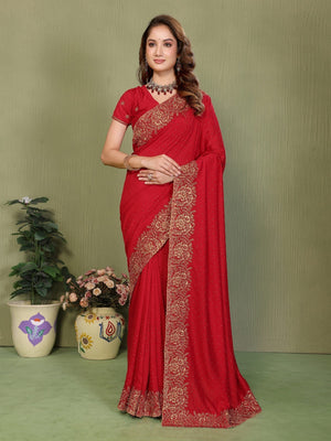Red Vichitra Silk Saree with Stone Work Embellished Border - Image 1