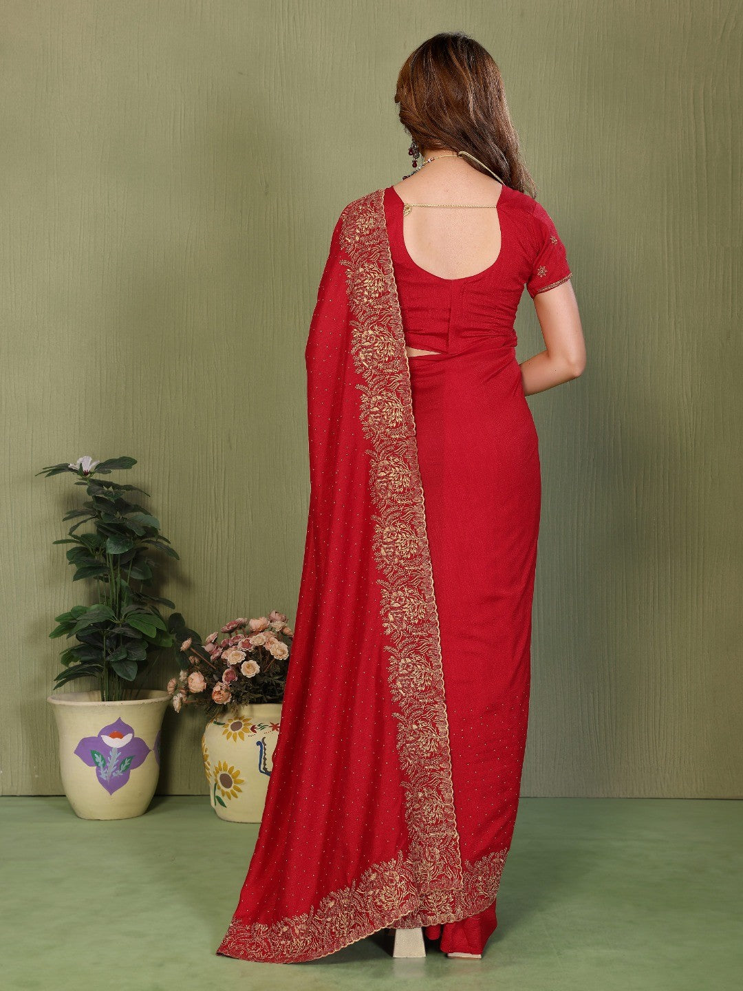 Red Vichitra Silk Saree with Stone Work Embellished Border - Image 3