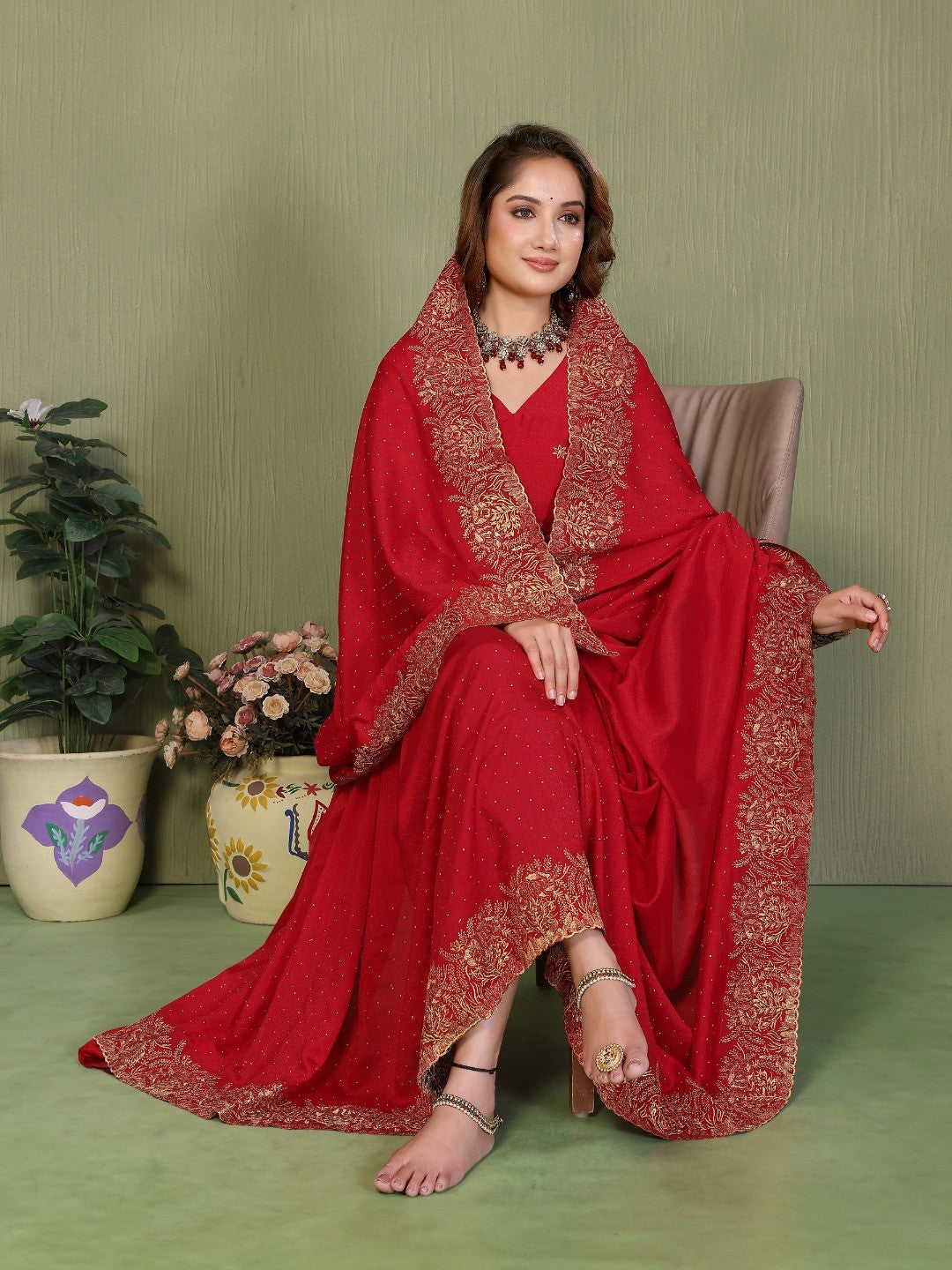 Red Vichitra Silk Saree with Stone Work Embellished Border - Image 4