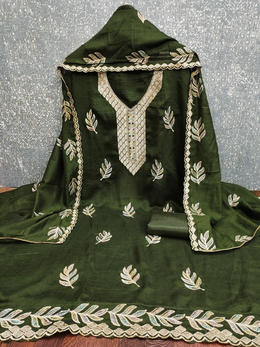 Graceful Green Leaf Motif Embroidered Vichitra Silk Dress Material With Intricate Detailing - Image 5