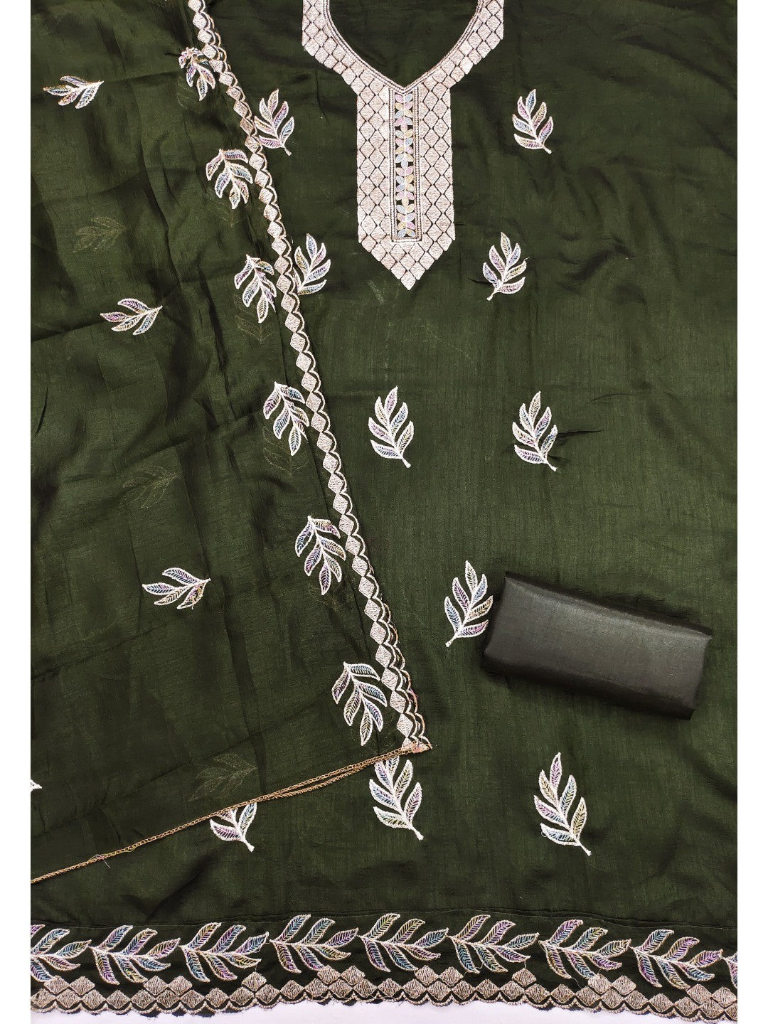 Graceful Green Leaf Motif Embroidered Vichitra Silk Dress Material With Intricate Detailing - Image 3