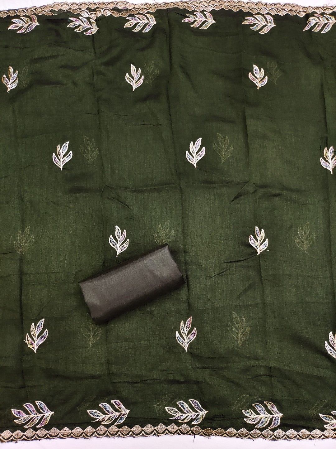 Graceful Green Leaf Motif Embroidered Vichitra Silk Dress Material With Intricate Detailing - Image 4