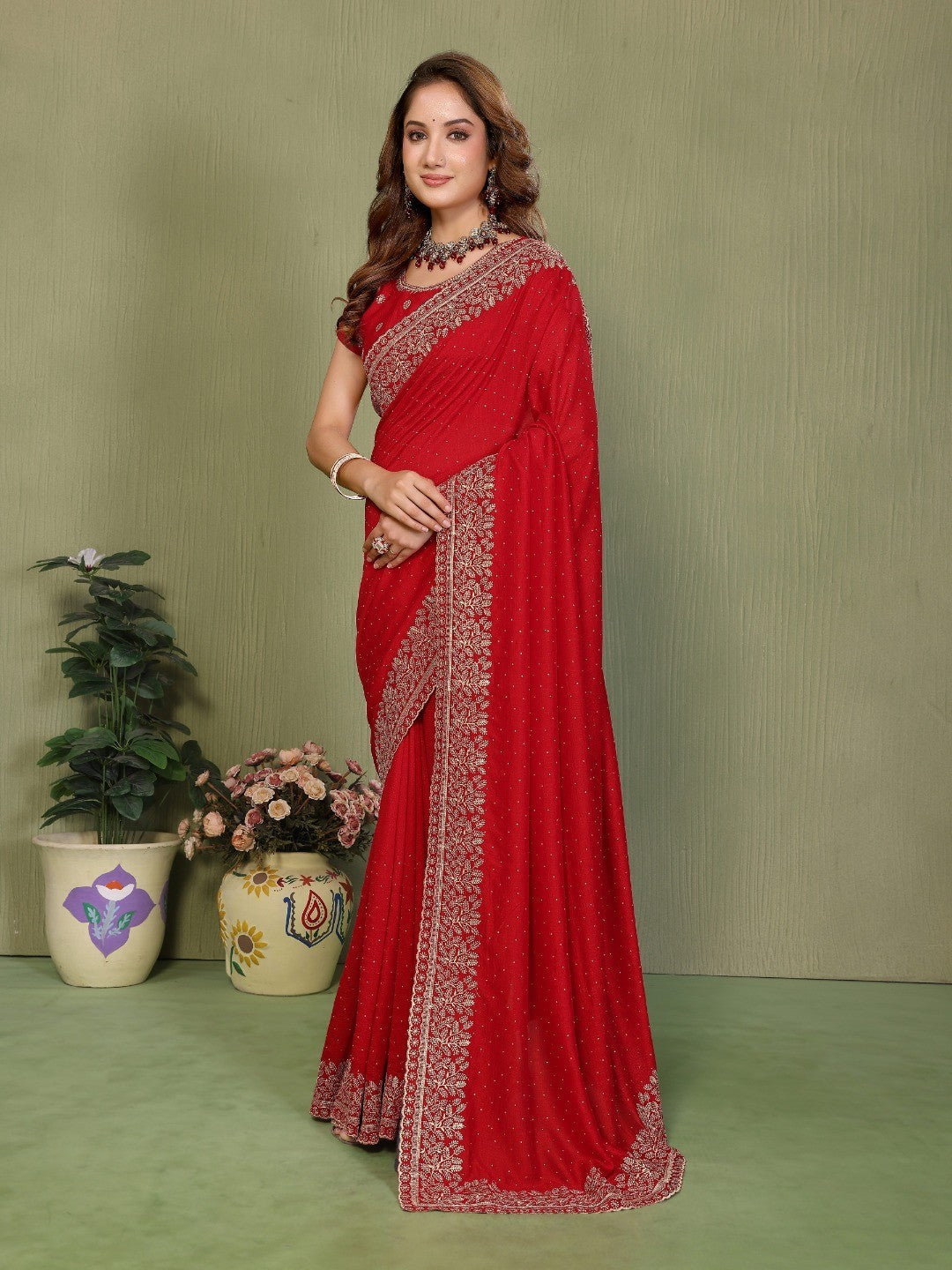 Red Vichitra Silk Party Wear Saree with Stone Work Embellished Border - Image 4