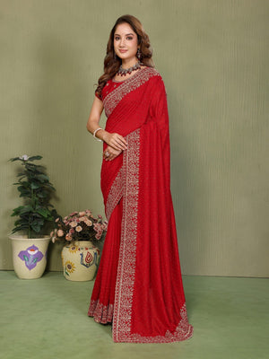 Red Vichitra Silk Party Wear Saree with Stone Work Embellished Border - Image 2