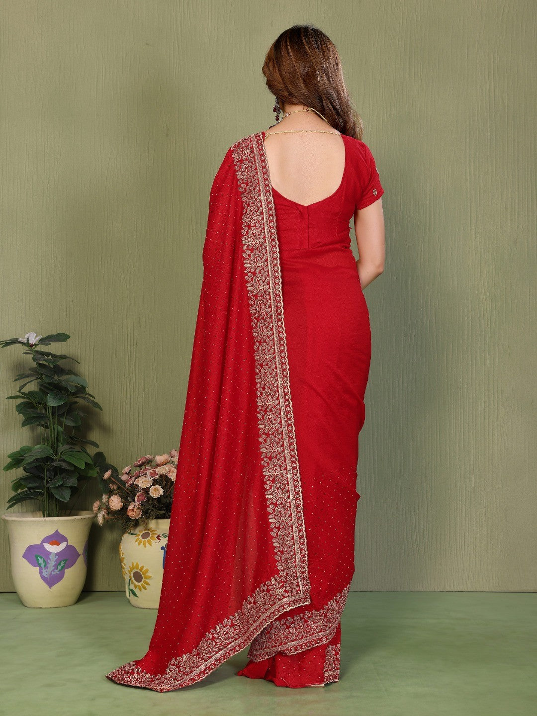 Red Vichitra Silk Party Wear Saree with Stone Work Embellished Border - Image 5
