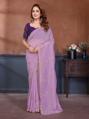 Lavender Chiffon Party Wear Saree with Artistic Embroidery and Elegant Finish - Image 1