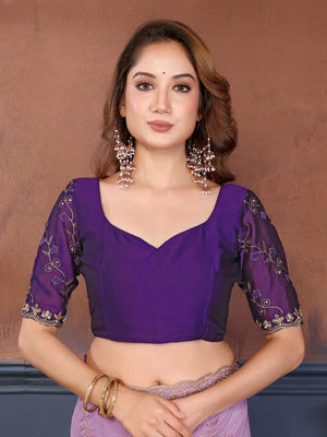 Lavender Chiffon Party Wear Saree with Artistic Embroidery and Elegant Finish - Image 2