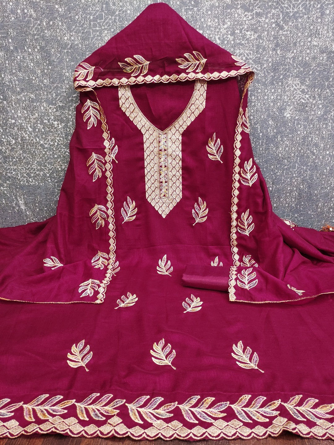 Graceful Pink Leaf Motif Embroidered Vichitra Silk Dress Material With Intricate Detailing - Image 4