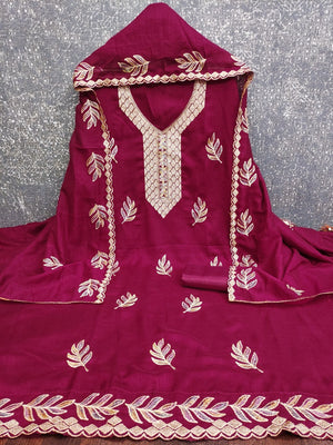 Graceful Pink Leaf Motif Embroidered Vichitra Silk Dress Material With Intricate Detailing - Image 2