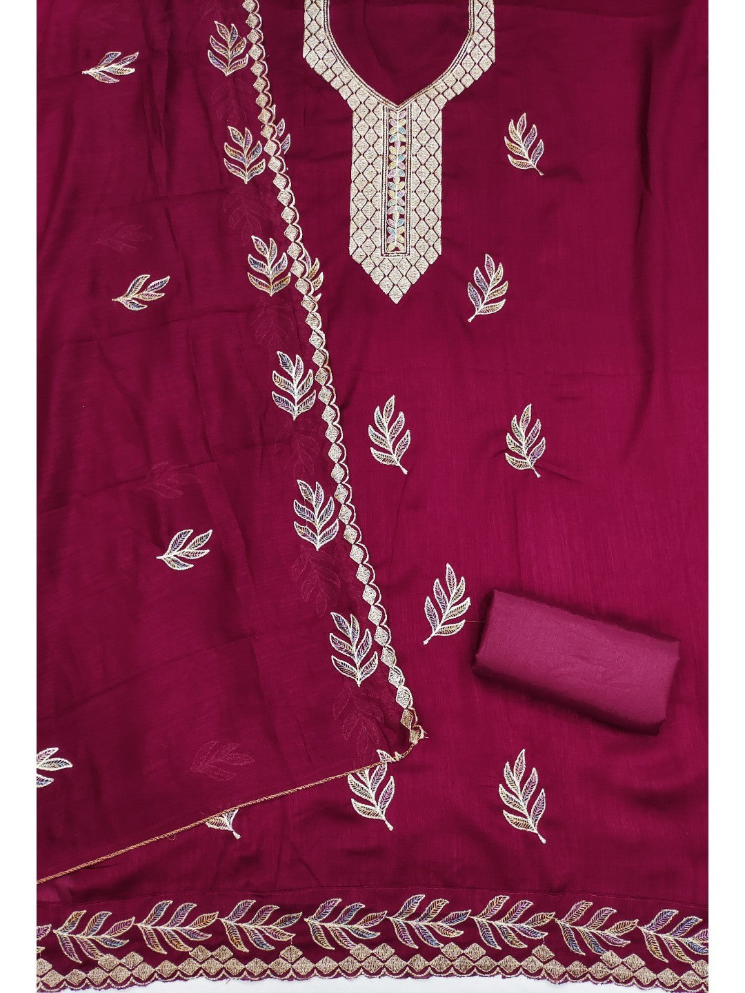 Graceful Pink Leaf Motif Embroidered Vichitra Silk Dress Material With Intricate Detailing - Image 3