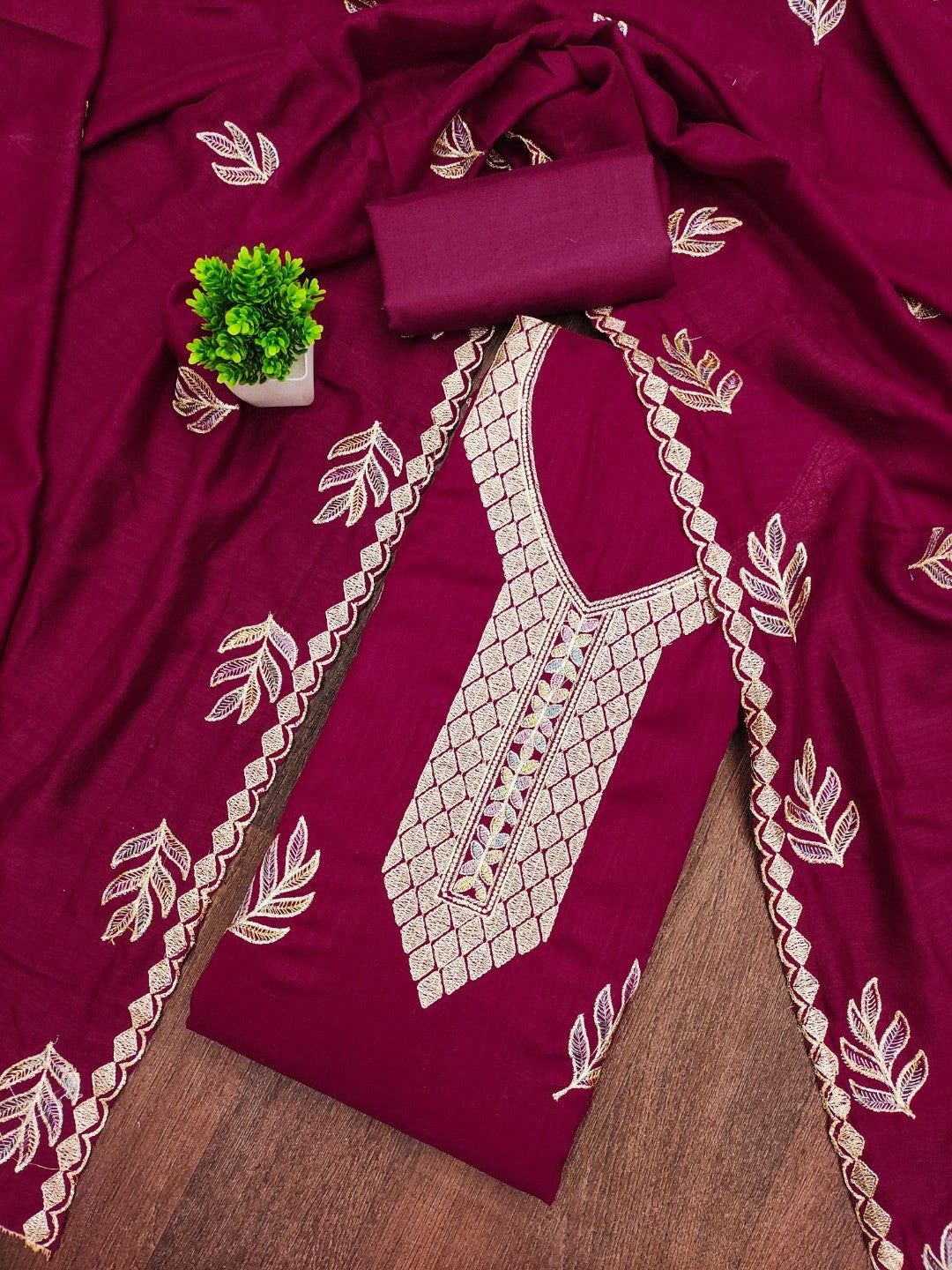 Graceful Pink Leaf Motif Embroidered Vichitra Silk Dress Material With Intricate Detailing - Image 1