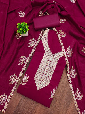 Graceful Pink Leaf Motif Embroidered Vichitra Silk Dress Material With Intricate Detailing - Image 1