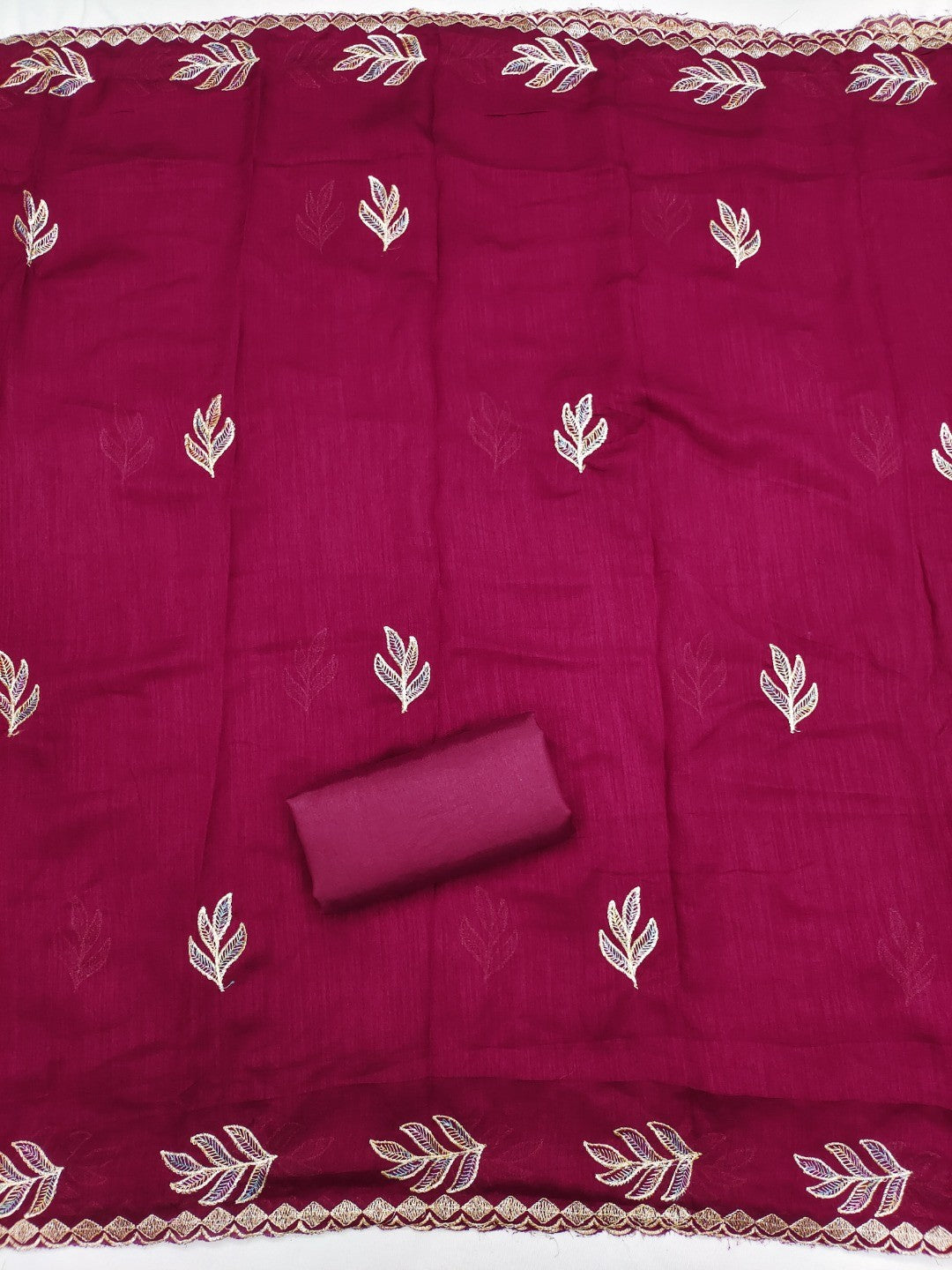 Graceful Pink Leaf Motif Embroidered Vichitra Silk Dress Material With Intricate Detailing - Image 5