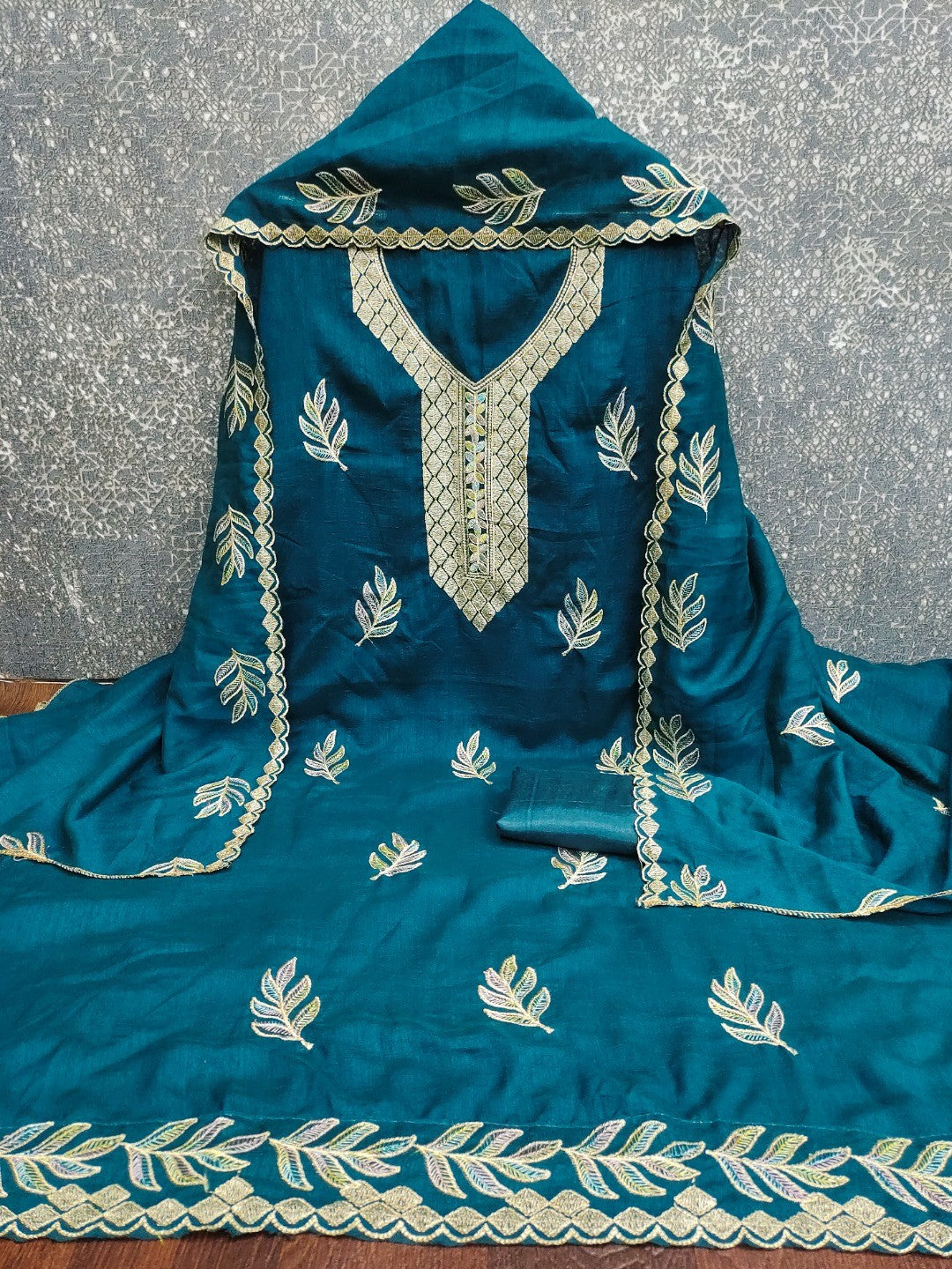 Graceful Morpich Blue Leaf Motif Embroidered Vichitra Silk Dress Material With Intricate Detailing - Image 5