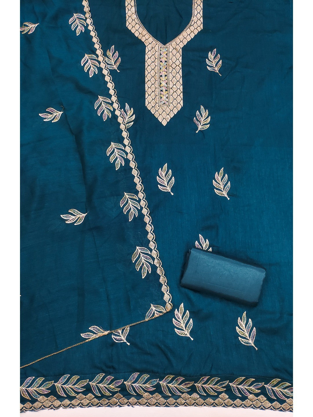 Graceful Morpich Blue Leaf Motif Embroidered Vichitra Silk Dress Material With Intricate Detailing - Image 3