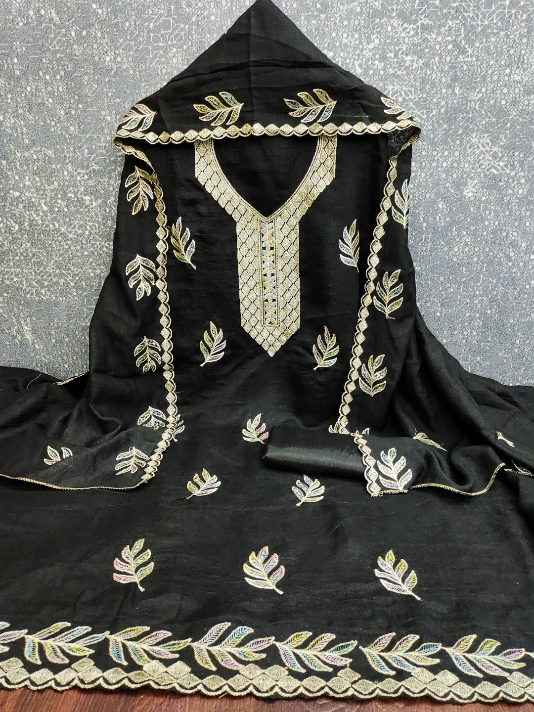 Graceful Black Leaf Motif Embroidered Vichitra Silk Dress Material With Intricate Detailing - Image 2
