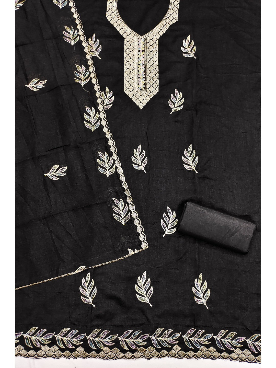 Graceful Black Leaf Motif Embroidered Vichitra Silk Dress Material With Intricate Detailing - Image 4