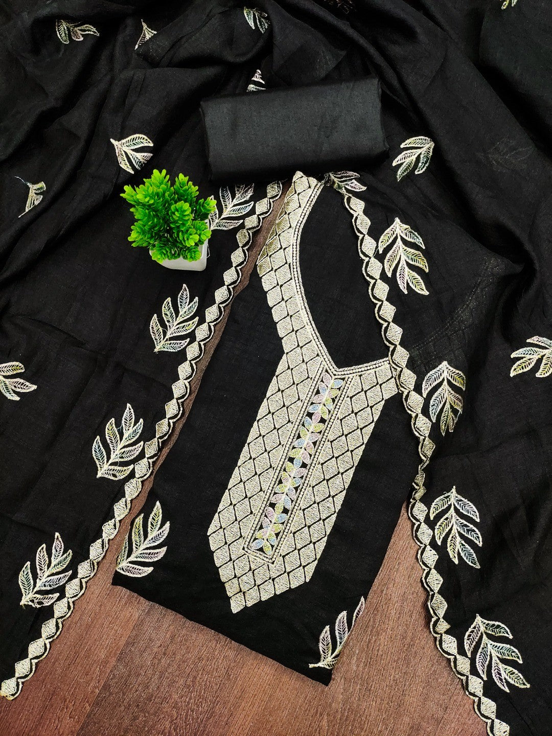 Graceful Black Leaf Motif Embroidered Vichitra Silk Dress Material With Intricate Detailing - Image 1