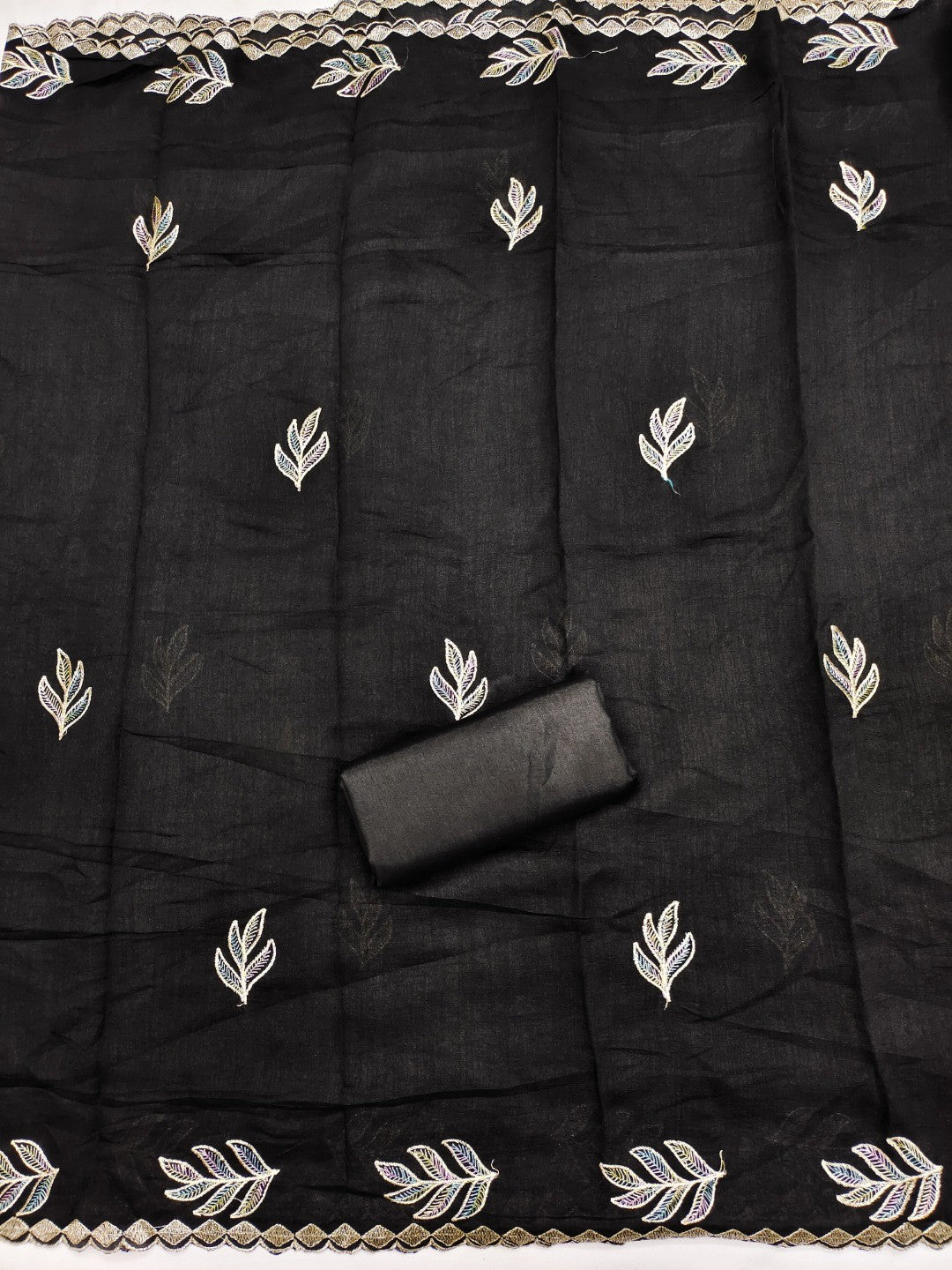 Graceful Black Leaf Motif Embroidered Vichitra Silk Dress Material With Intricate Detailing - Image 3