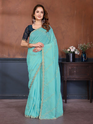 Turquoise Chiffon Party Wear Saree with Artistic Embroidery and Elegant Finish - Image 1