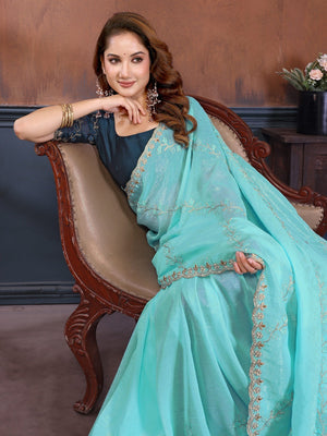 Turquoise Chiffon Party Wear Saree with Artistic Embroidery and Elegant Finish - Image 2
