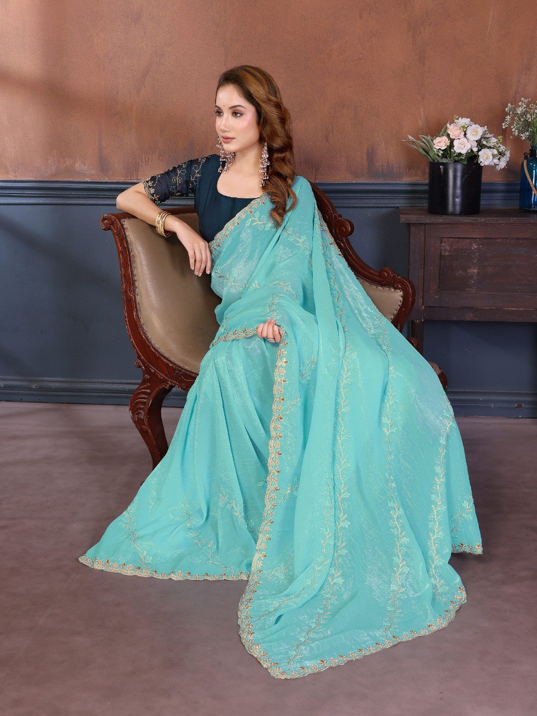Turquoise Chiffon Party Wear Saree with Artistic Embroidery and Elegant Finish - Image 3