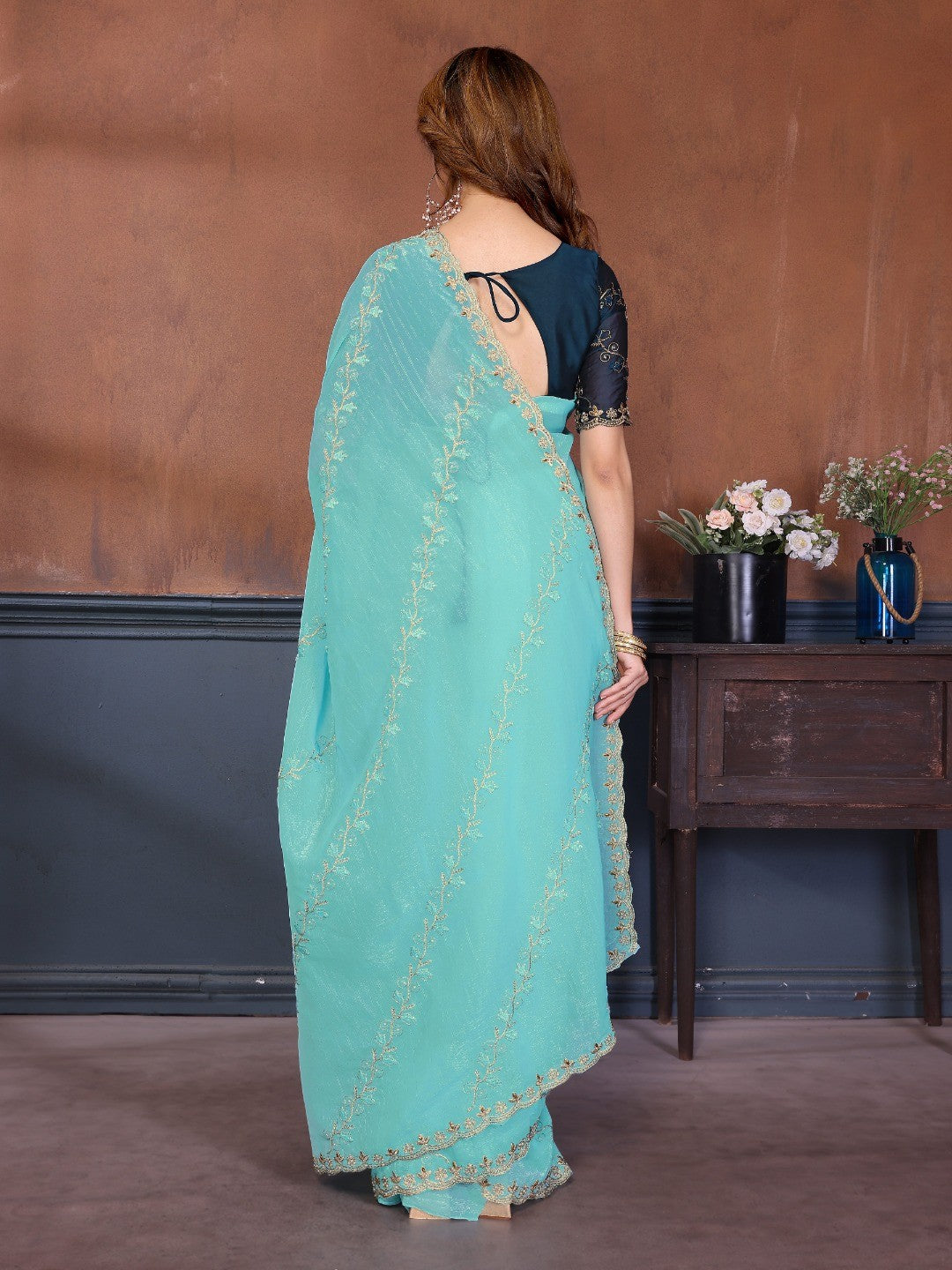 Turquoise Chiffon Party Wear Saree with Artistic Embroidery and Elegant Finish - Image 4
