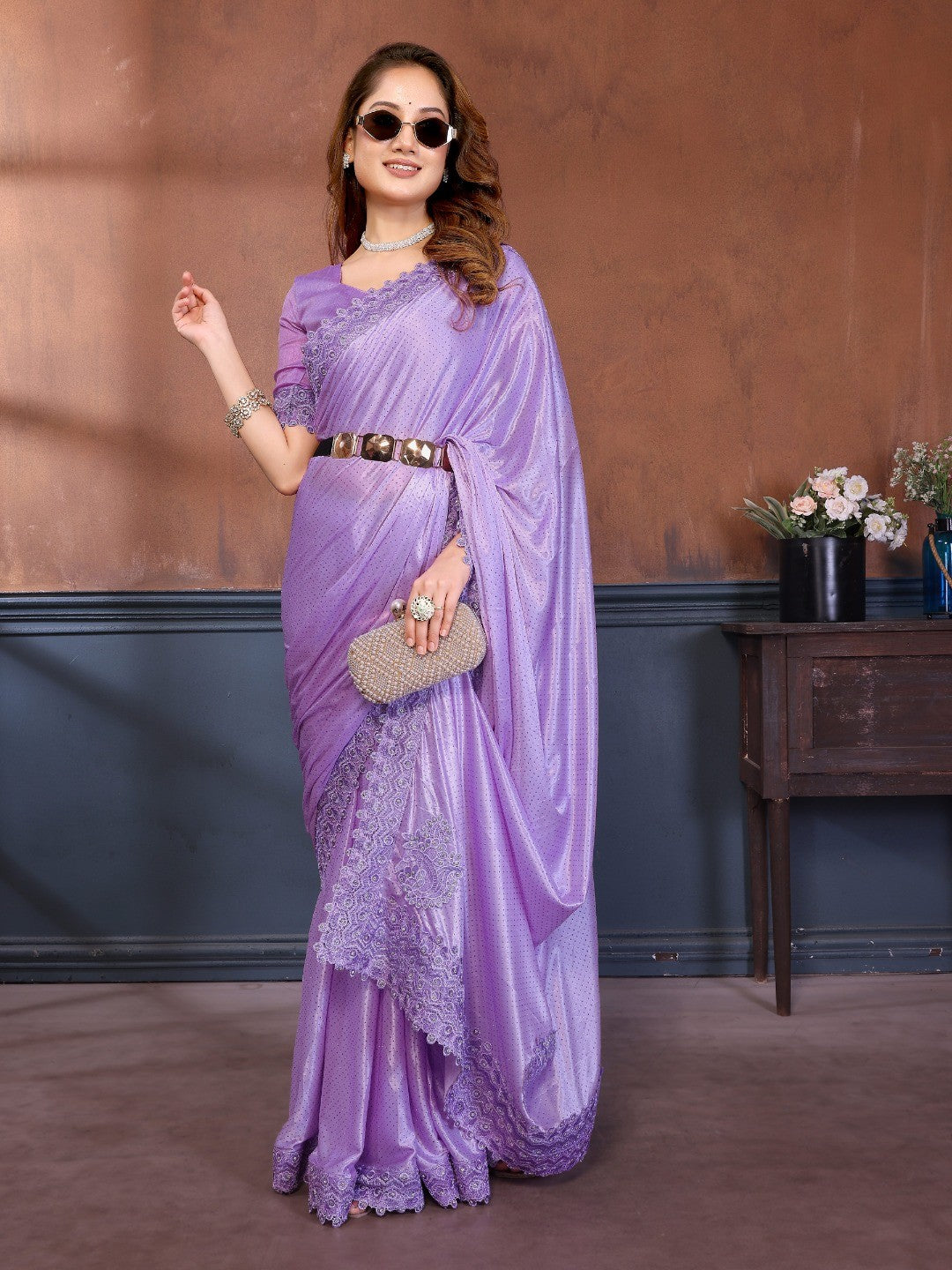 Elegant Lavender Lycra Saree with Stone Embellishments & Patch Work - Image 2