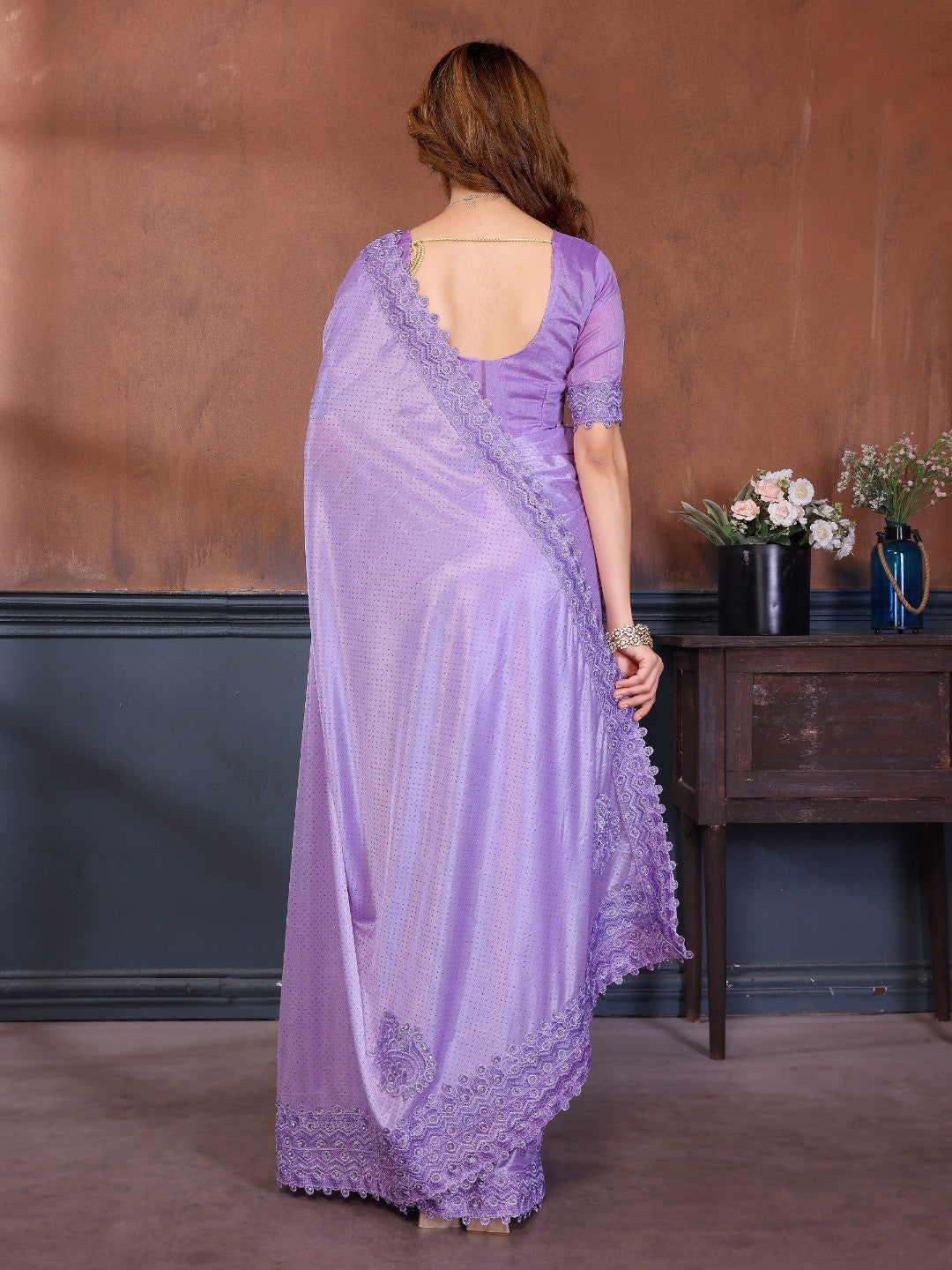 Elegant Lavender Lycra Saree with Stone Embellishments & Patch Work - Image 3