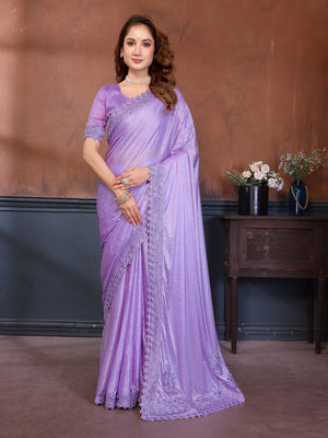 Elegant Lavender Lycra Saree with Stone Embellishments & Patch Work - Image 1