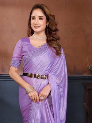 Elegant Lavender Lycra Saree with Stone Embellishments & Patch Work - Image 2