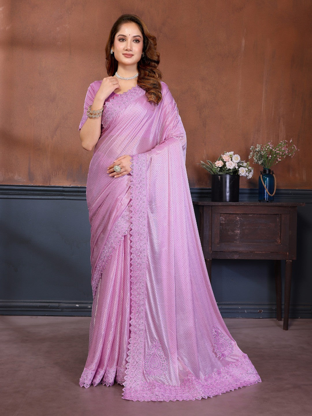 Elegant Pink Lycra Saree with Stone Embellishments & Patch Work - Image 1